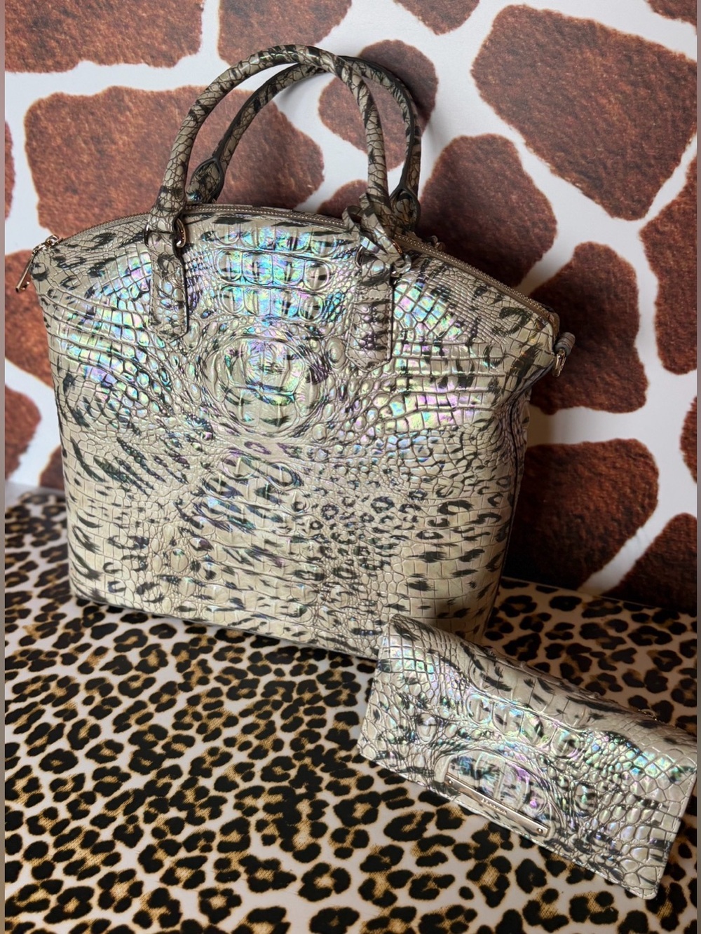 NWT BRAHMIN LARGE DUXBURY OBSESSION Animal Print With Wallet Leopard Cheetah - Picture 11 of 16